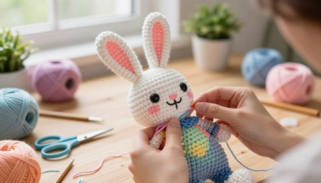 Adding facial features to a crochet bunny